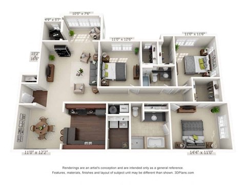 Floor plan for 3 beds, 2 baths, 1689 sqft
